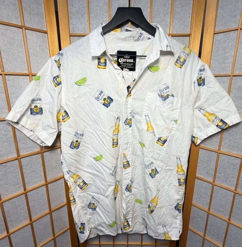 Corona Extra Button Up Shirt Short Sleeve White Beer Bottles Print